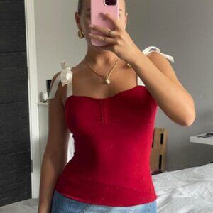 Vintage Intimissimi Cherry Red Cami Top Ruched Bust with White Cream Silk Straps